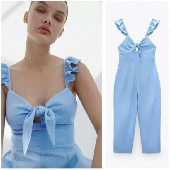 ZARA Women's Linen Blend Jumpsuit with Ruffle Trim - Size S - Picture 1 of 11